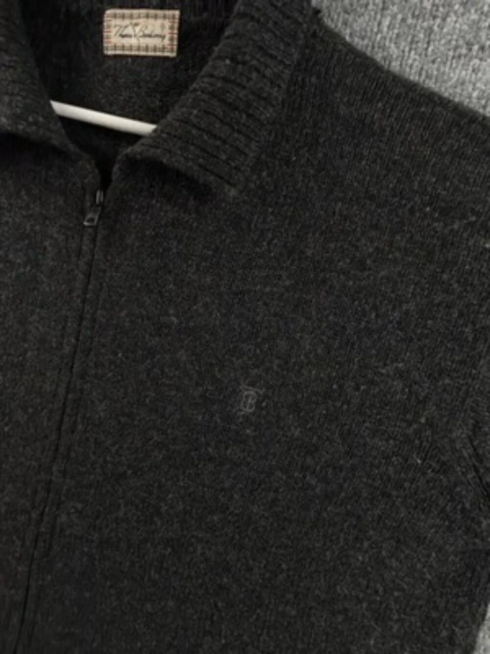 Thomas Burberry Shetland Wool Collared Long Sleeve Dark Gray Full Zip Logo Men